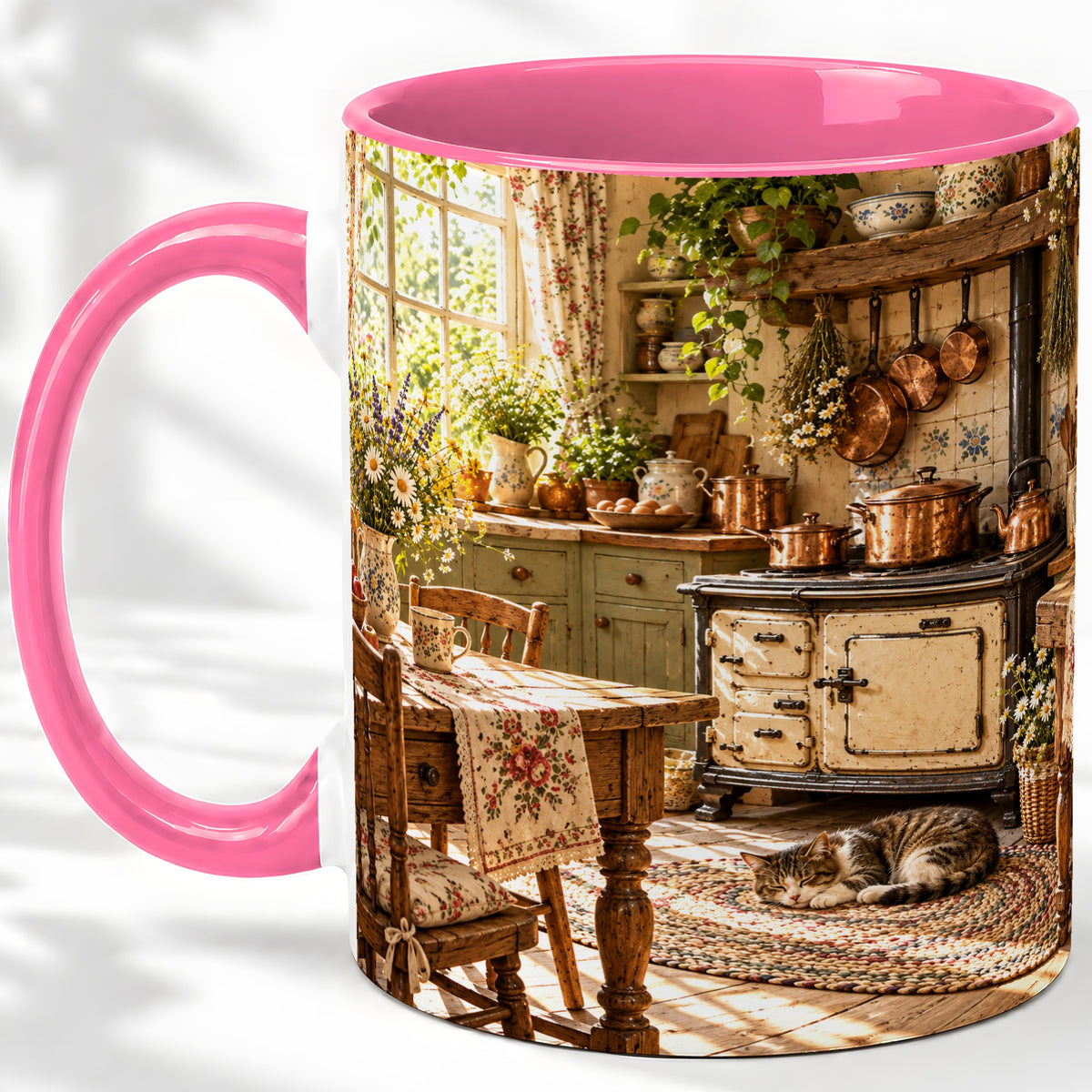 #pl[11oz|Pink] Cottage Cat Coffee Mug, Ceramic Mug with Rustic Kitchen Artwork