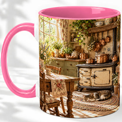 #pl[11oz|Pink] Cottage Cat Coffee Mug, Ceramic Mug with Rustic Kitchen Artwork