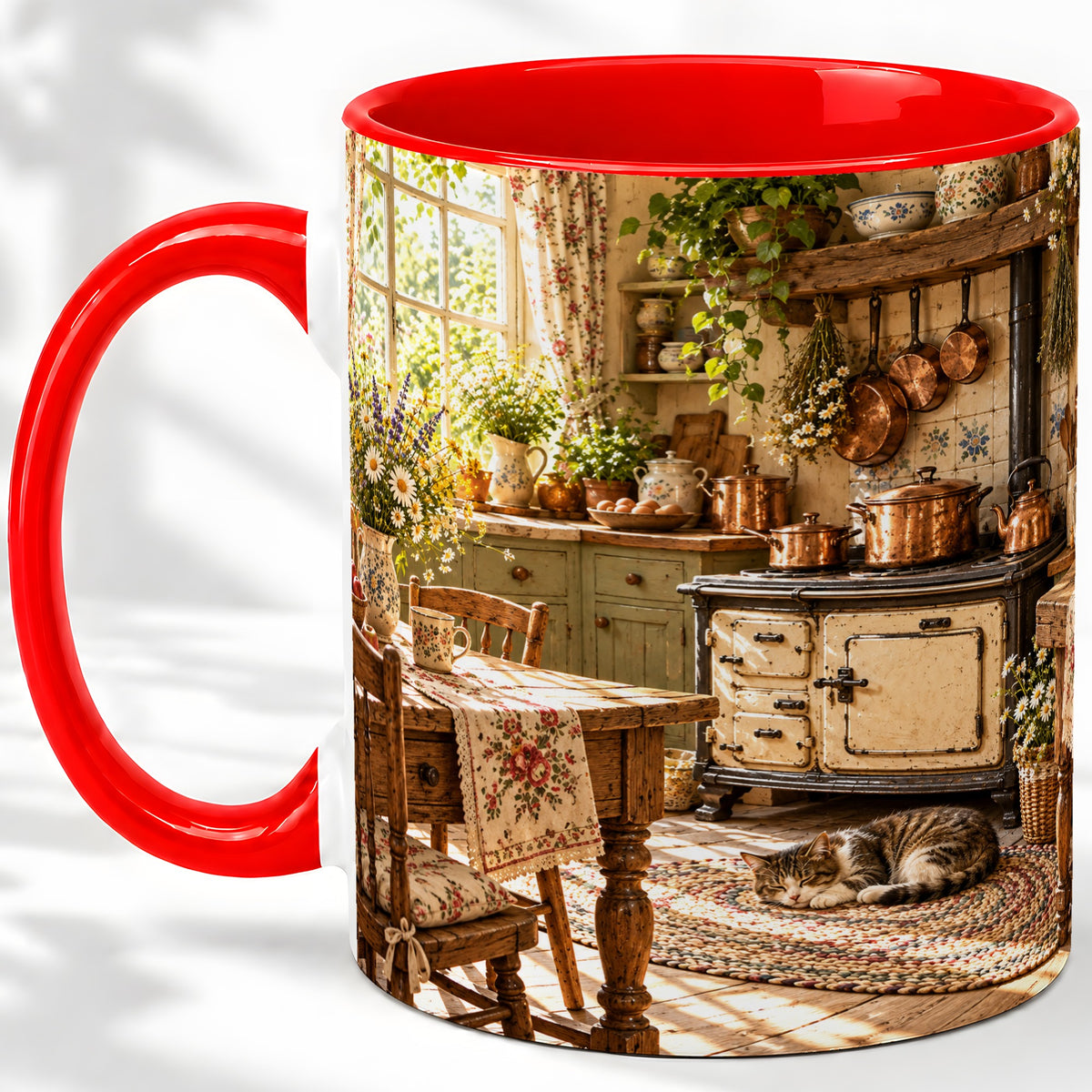 Cottage Cat Coffee Mug, Ceramic Mug with Rustic Kitchen Artwork