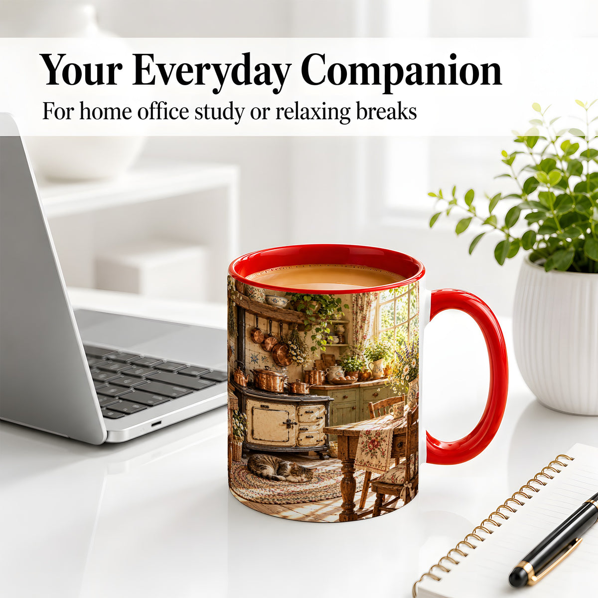 #pl[11oz|Red] Cottage Cat Coffee Mug, Ceramic Mug with Rustic Kitchen Artwork
