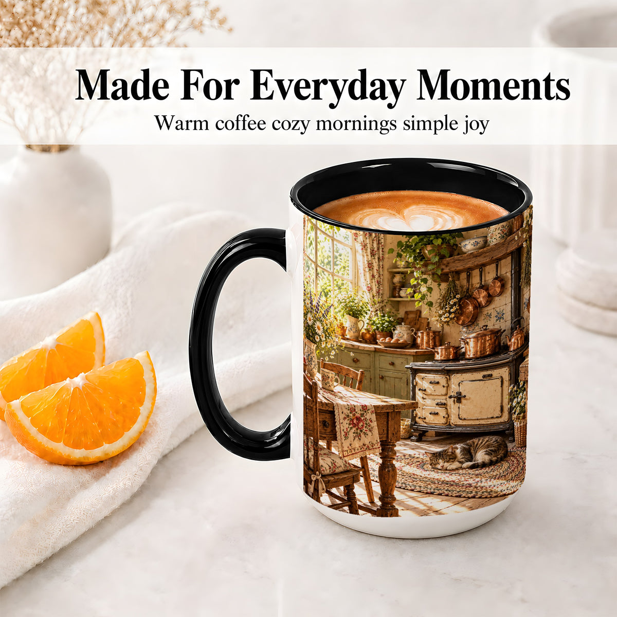 #pl[15oz|Black] Cottage Cat Coffee Mug, Ceramic Mug with Rustic Kitchen Artwork