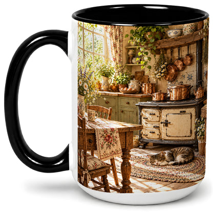 #pl[15oz|Black] Cottage Cat Coffee Mug, Ceramic Mug with Rustic Kitchen Artwork