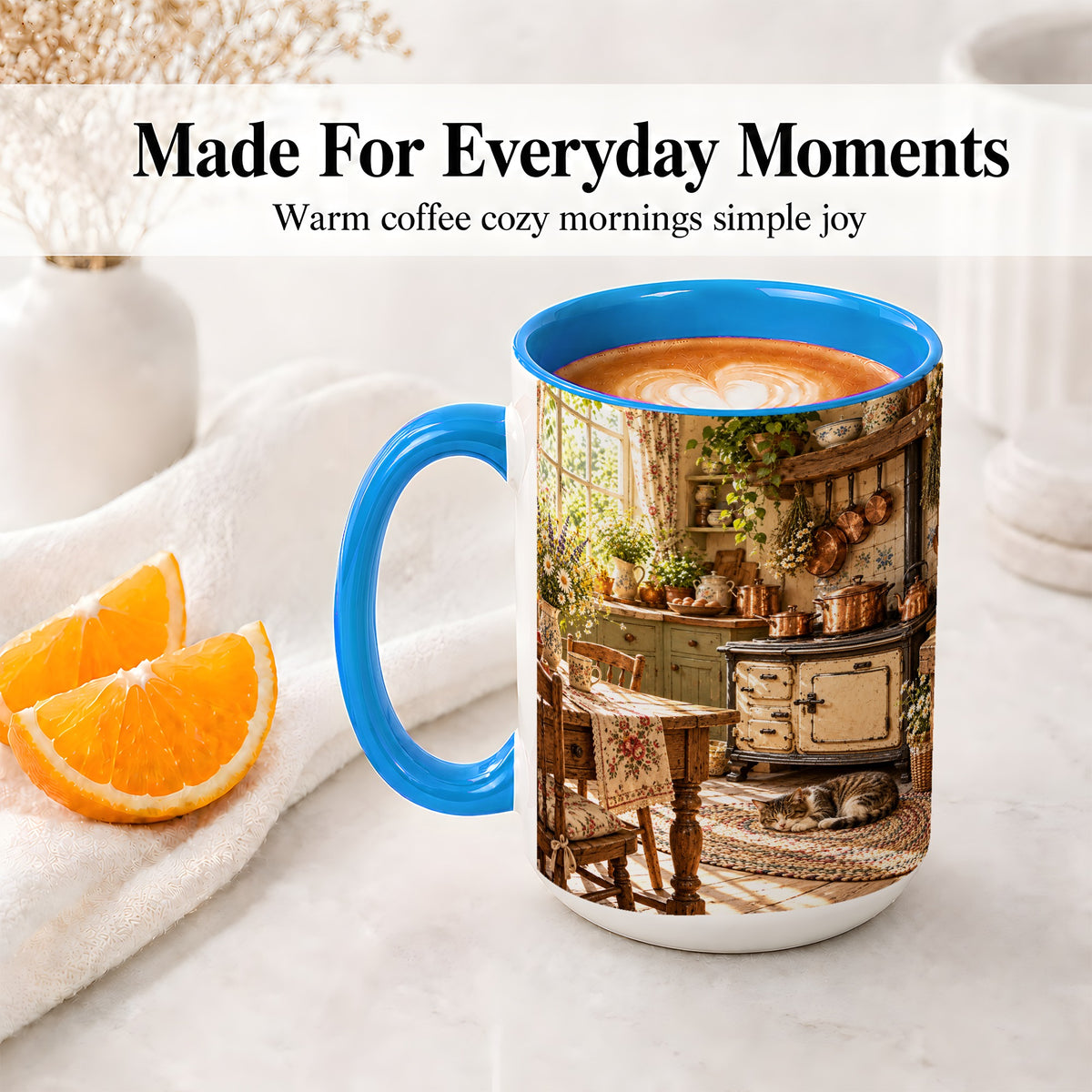 #pl[15oz|Blue] Cottage Cat Coffee Mug, Ceramic Mug with Rustic Kitchen Artwork
