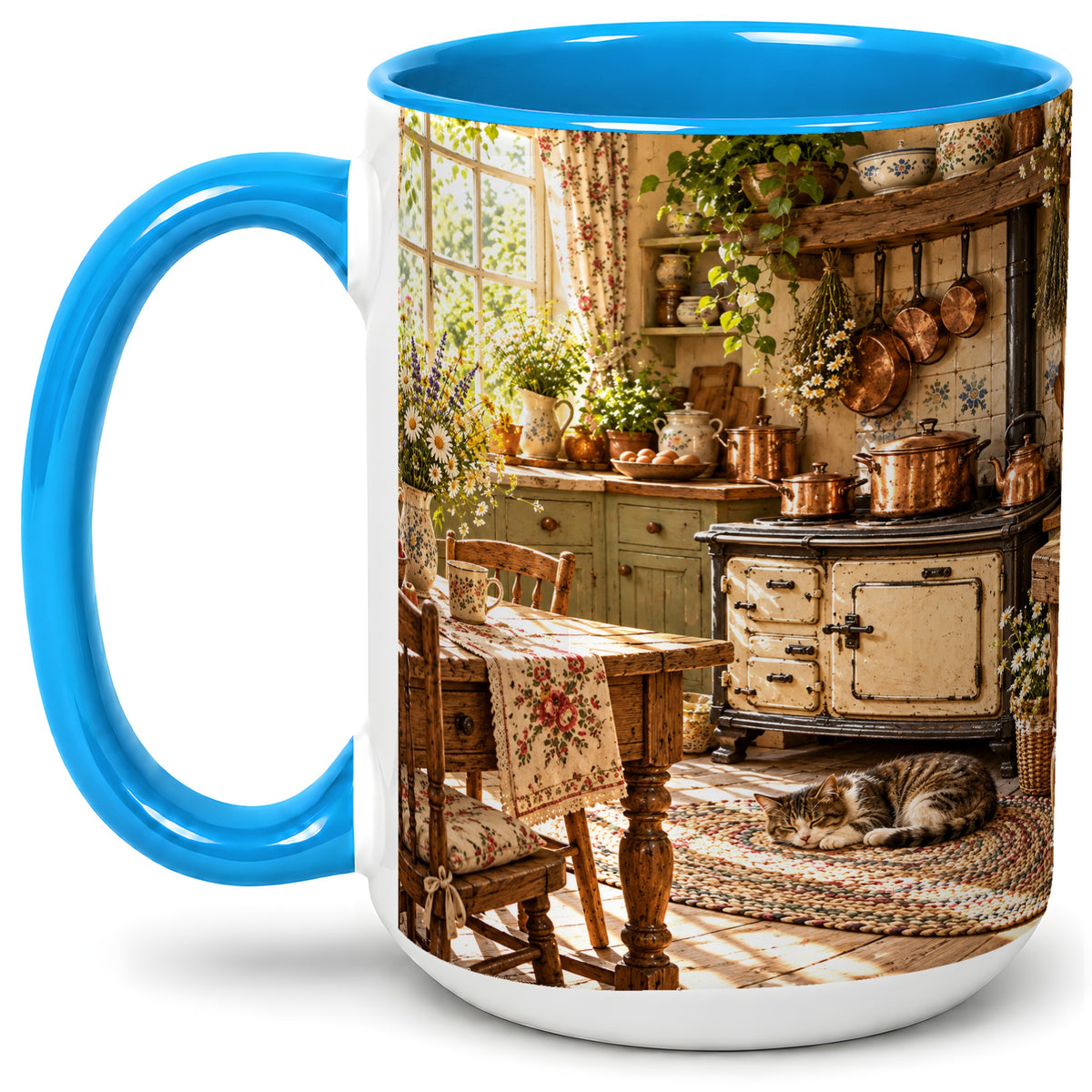 #pl[15oz|Blue] Cottage Cat Coffee Mug, Ceramic Mug with Rustic Kitchen Artwork