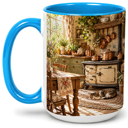 #pl[15oz|Blue] Cottage Cat Coffee Mug, Ceramic Mug with Rustic Kitchen Artwork