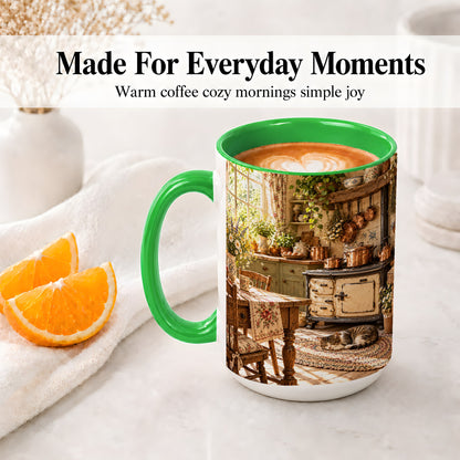#pl[15oz|Green] Cottage Cat Coffee Mug, Ceramic Mug with Rustic Kitchen Artwork
