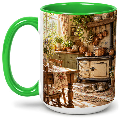 #pl[15oz|Green] Cottage Cat Coffee Mug, Ceramic Mug with Rustic Kitchen Artwork