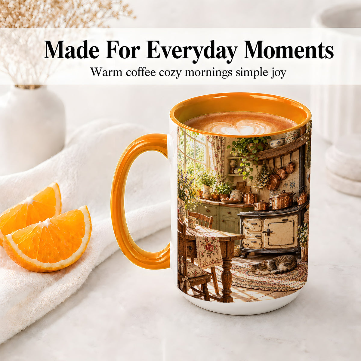 #pl[15oz|Orange] Cottage Cat Coffee Mug, Ceramic Mug with Rustic Kitchen Artwork
