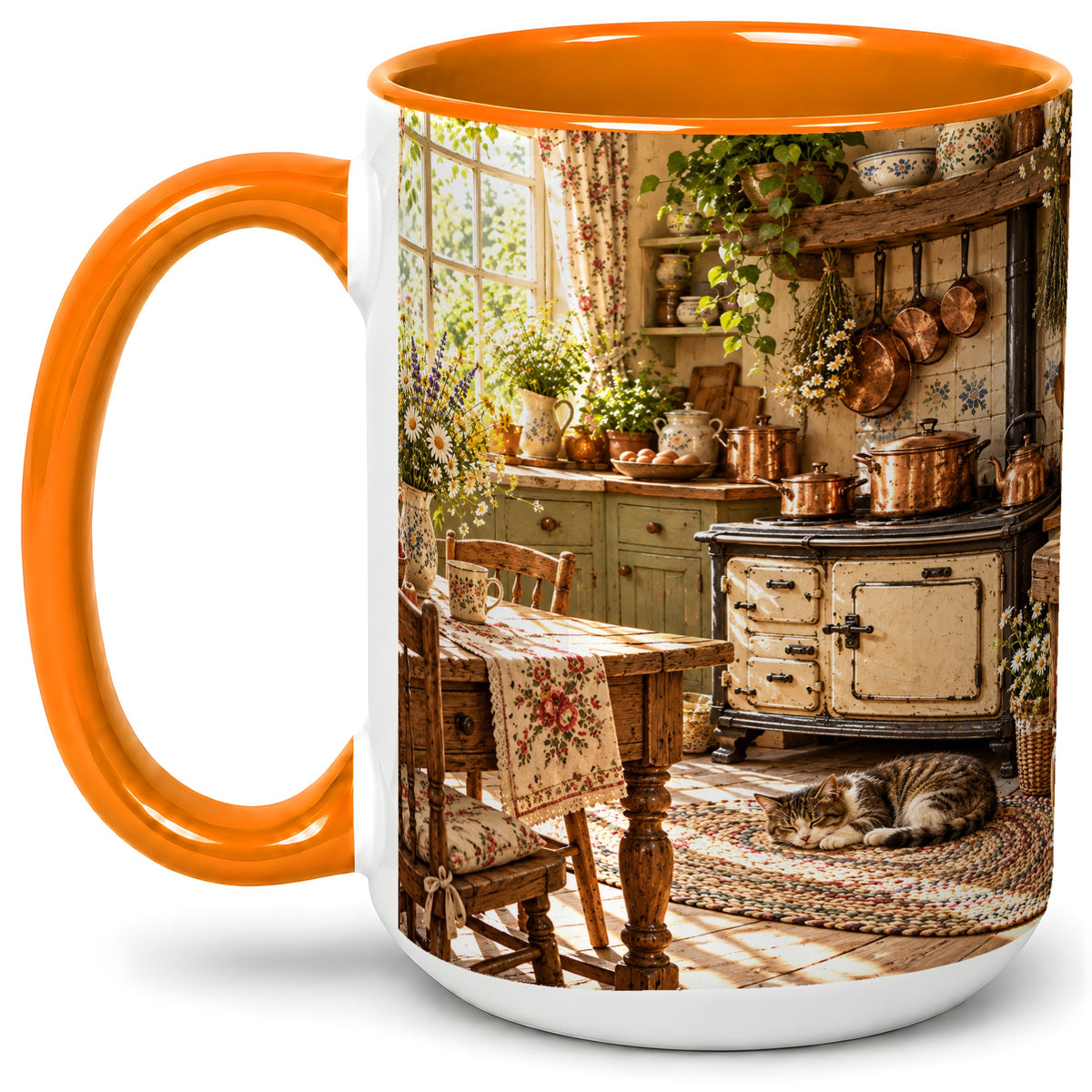 #pl[15oz|Orange] Cottage Cat Coffee Mug, Ceramic Mug with Rustic Kitchen Artwork