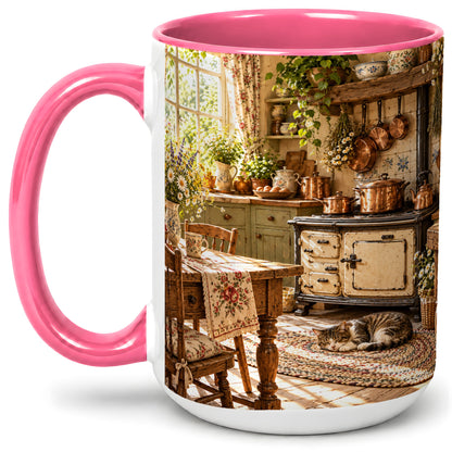 #pl[15oz|Pink] Cottage Cat Coffee Mug, Ceramic Mug with Rustic Kitchen Artwork