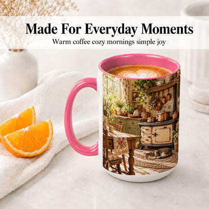 #pl[15oz|Pink] Cottage Cat Coffee Mug, Ceramic Mug with Rustic Kitchen Artwork