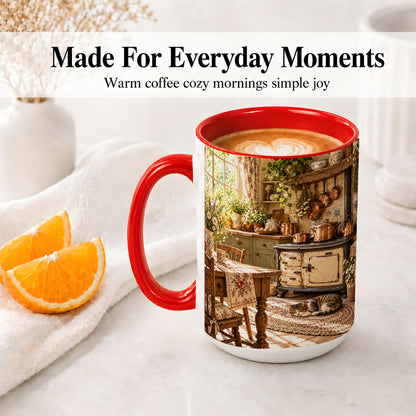 #pl[15oz|Red] Cottage Cat Coffee Mug, Ceramic Mug with Rustic Kitchen Artwork