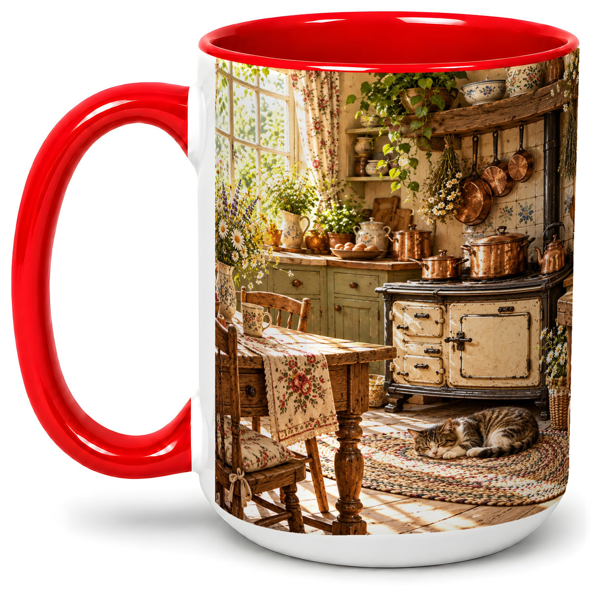 #pl[15oz|Red] Cottage Cat Coffee Mug, Ceramic Mug with Rustic Kitchen Artwork