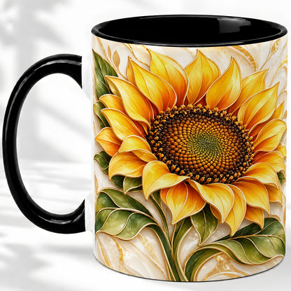 #pl[11oz|Black] Golden Sunflower Coffee Mug, Ceramic Mug with Botanical Artwork