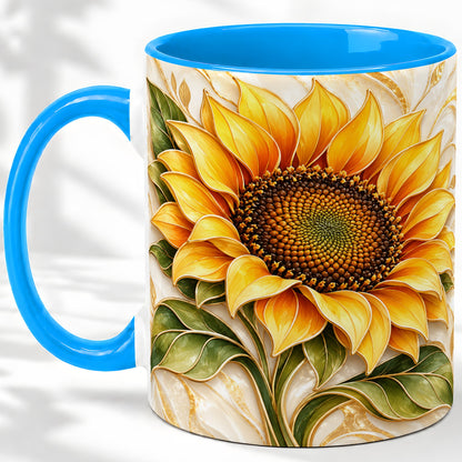 #pl[11oz|Blue] Golden Sunflower Coffee Mug, Ceramic Mug with Botanical Artwork