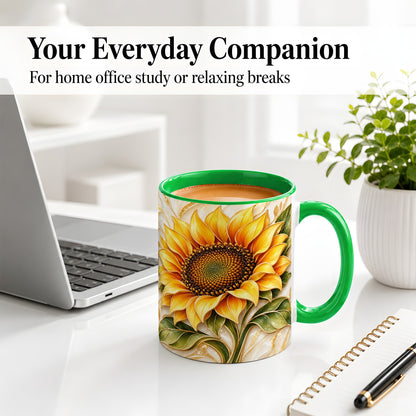 #pl[11oz|Green] Golden Sunflower Coffee Mug, Ceramic Mug with Botanical Artwork