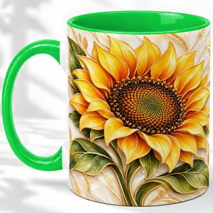 #pl[11oz|Green] Golden Sunflower Coffee Mug, Ceramic Mug with Botanical Artwork