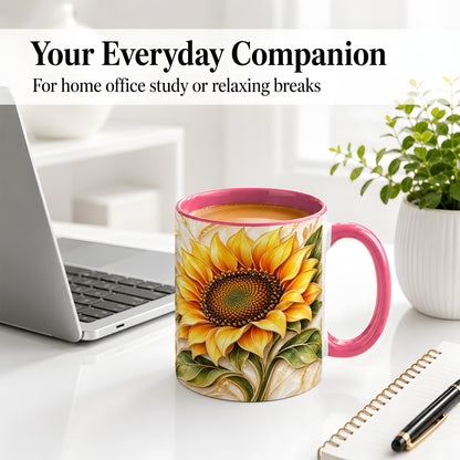 #pl[11oz|Pink] Golden Sunflower Coffee Mug, Ceramic Mug with Botanical Artwork