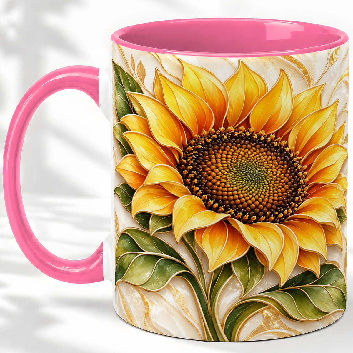 #pl[11oz|Pink] Golden Sunflower Coffee Mug, Ceramic Mug with Botanical Artwork
