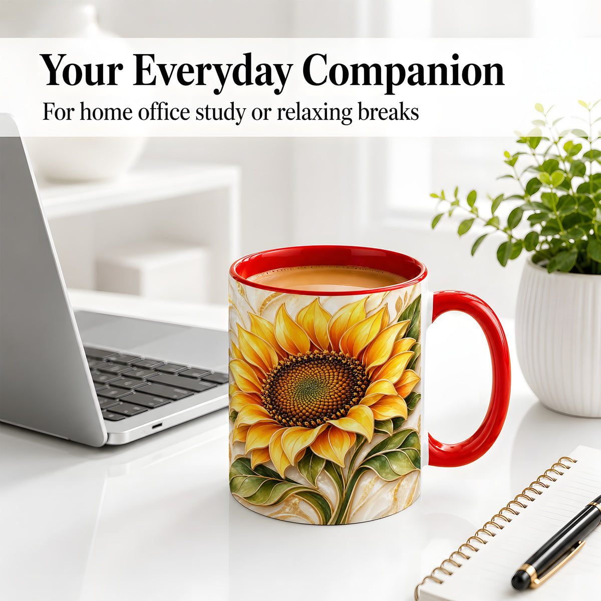 #pl[11oz|Red] Golden Sunflower Coffee Mug, Ceramic Mug with Botanical Artwork