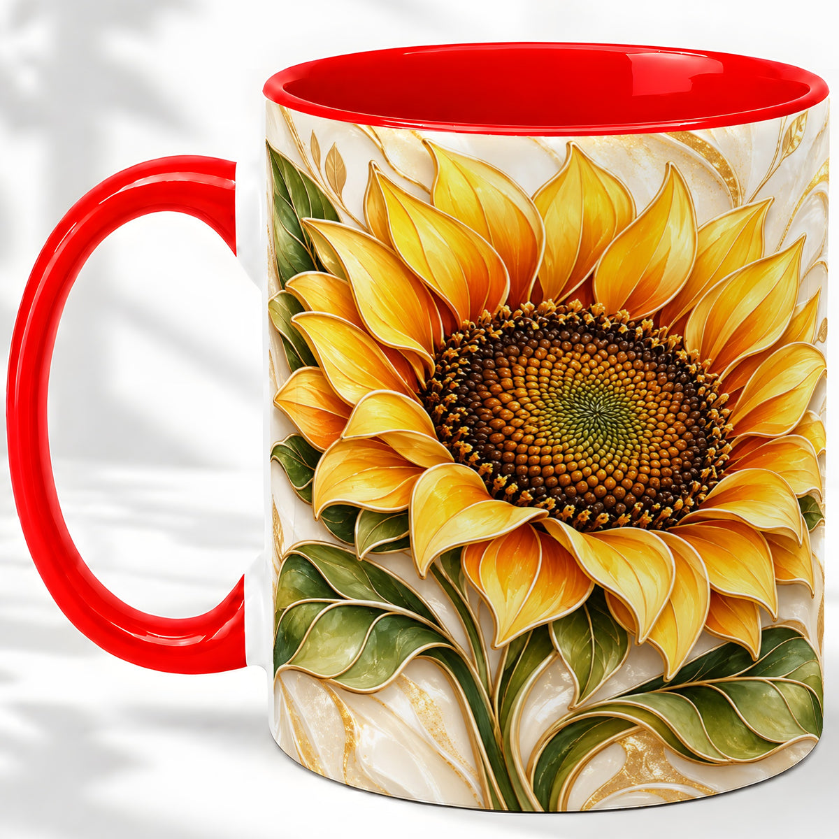 Golden Sunflower Coffee Mug, Ceramic Mug with Botanical Artwork