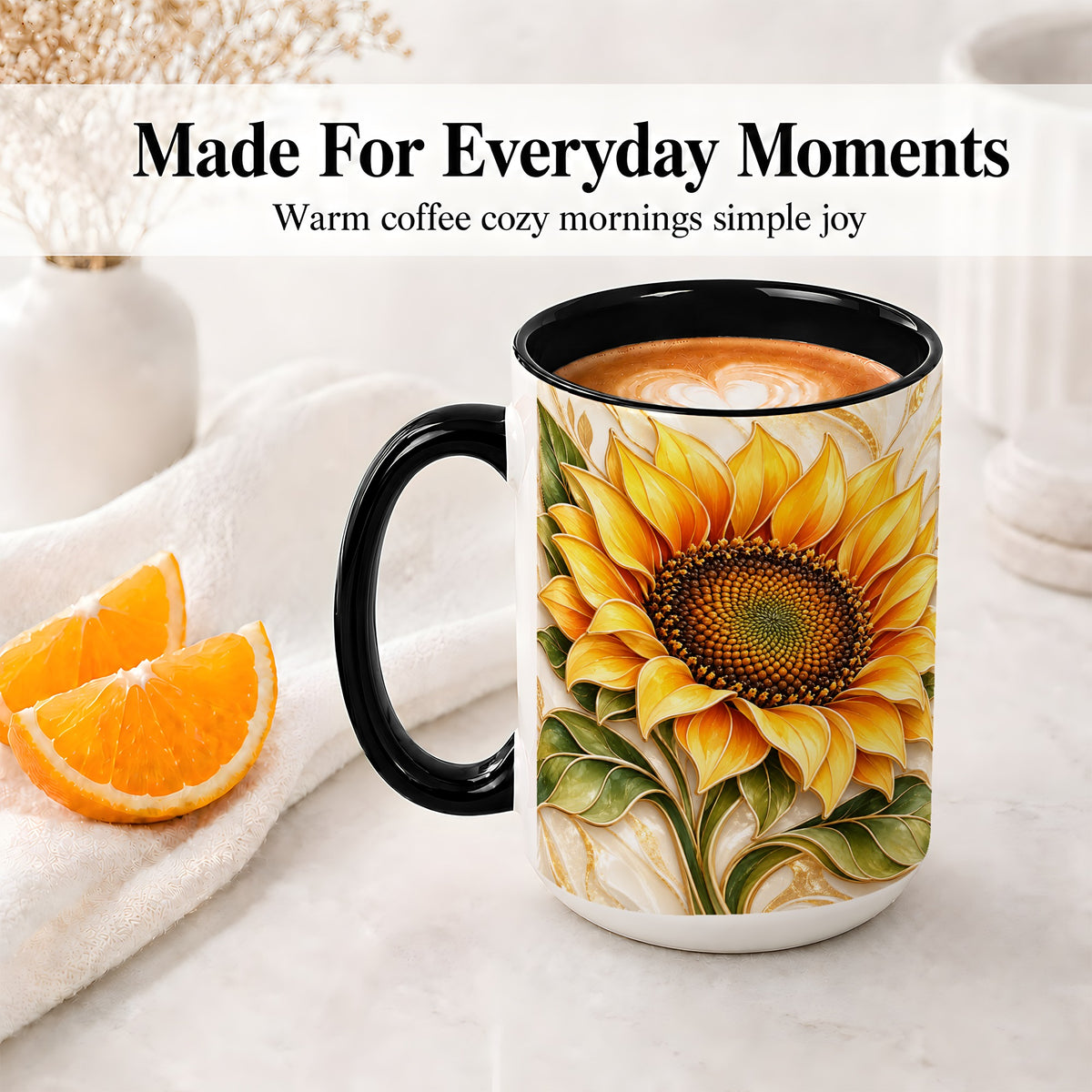 #pl[15oz|Black] Golden Sunflower Coffee Mug, Ceramic Mug with Botanical Artwork