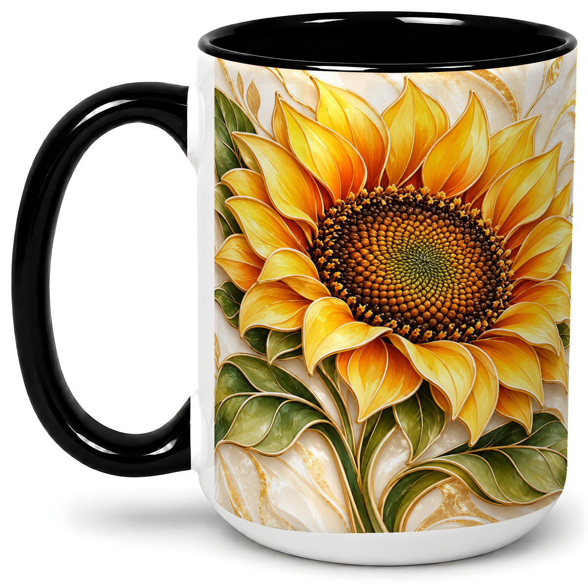 #pl[15oz|Black] Golden Sunflower Coffee Mug, Ceramic Mug with Botanical Artwork