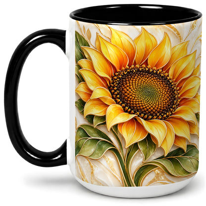 #pl[15oz|Black] Golden Sunflower Coffee Mug, Ceramic Mug with Botanical Artwork