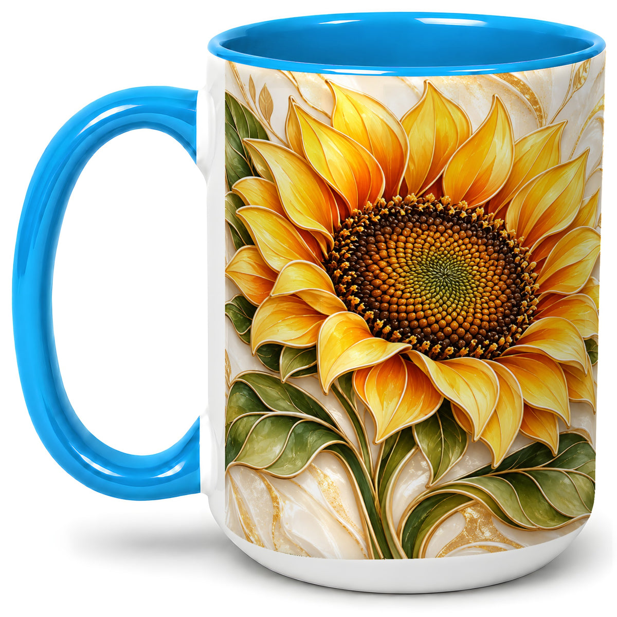 #pl[15oz|Blue] Golden Sunflower Coffee Mug, Ceramic Mug with Botanical Artwork