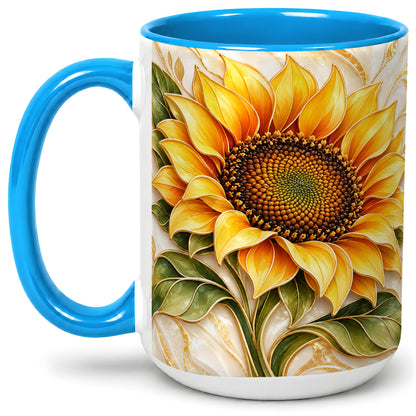 #pl[15oz|Blue] Golden Sunflower Coffee Mug, Ceramic Mug with Botanical Artwork