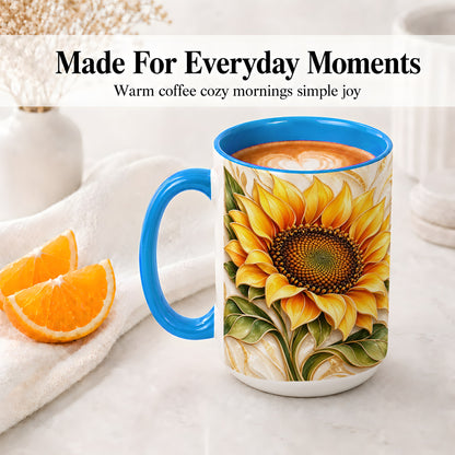 #pl[15oz|Blue] Golden Sunflower Coffee Mug, Ceramic Mug with Botanical Artwork