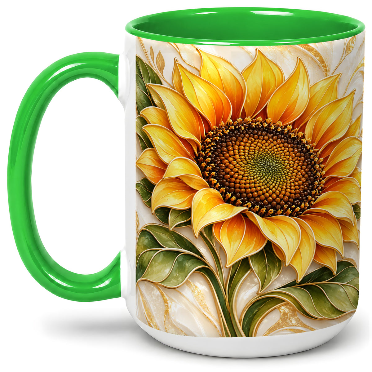 #pl[15oz|Green] Golden Sunflower Coffee Mug, Ceramic Mug with Botanical Artwork