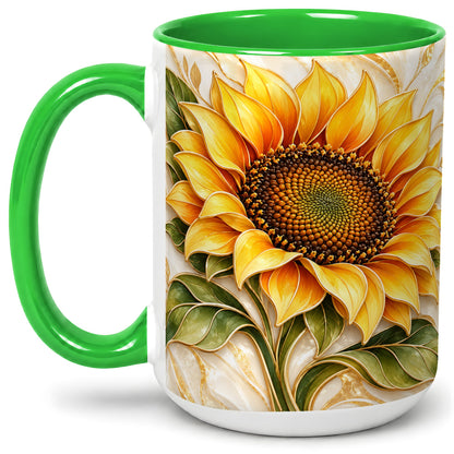#pl[15oz|Green] Golden Sunflower Coffee Mug, Ceramic Mug with Botanical Artwork