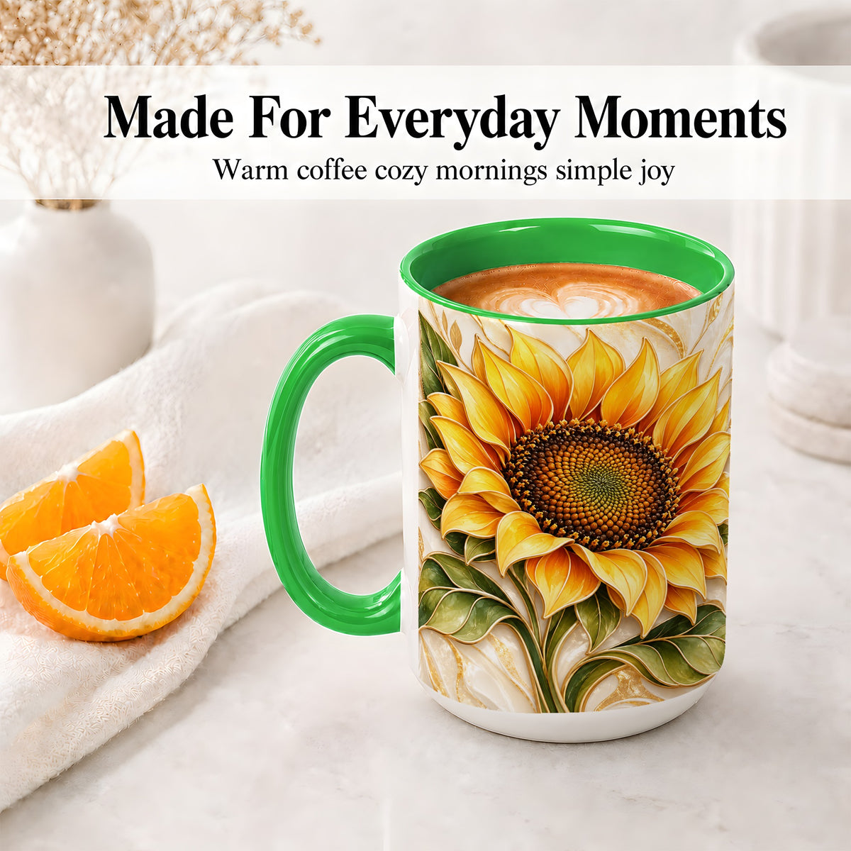 #pl[15oz|Green] Golden Sunflower Coffee Mug, Ceramic Mug with Botanical Artwork