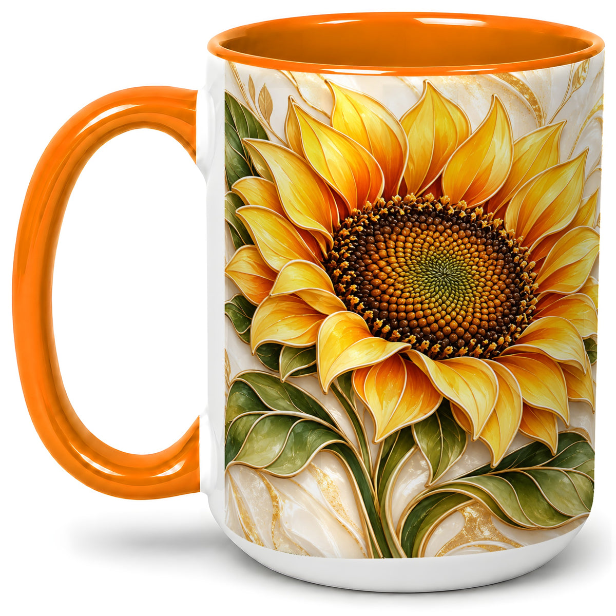 #pl[15oz|Orange] Golden Sunflower Coffee Mug, Ceramic Mug with Botanical Artwork