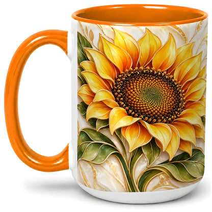 #pl[15oz|Orange] Golden Sunflower Coffee Mug, Ceramic Mug with Botanical Artwork