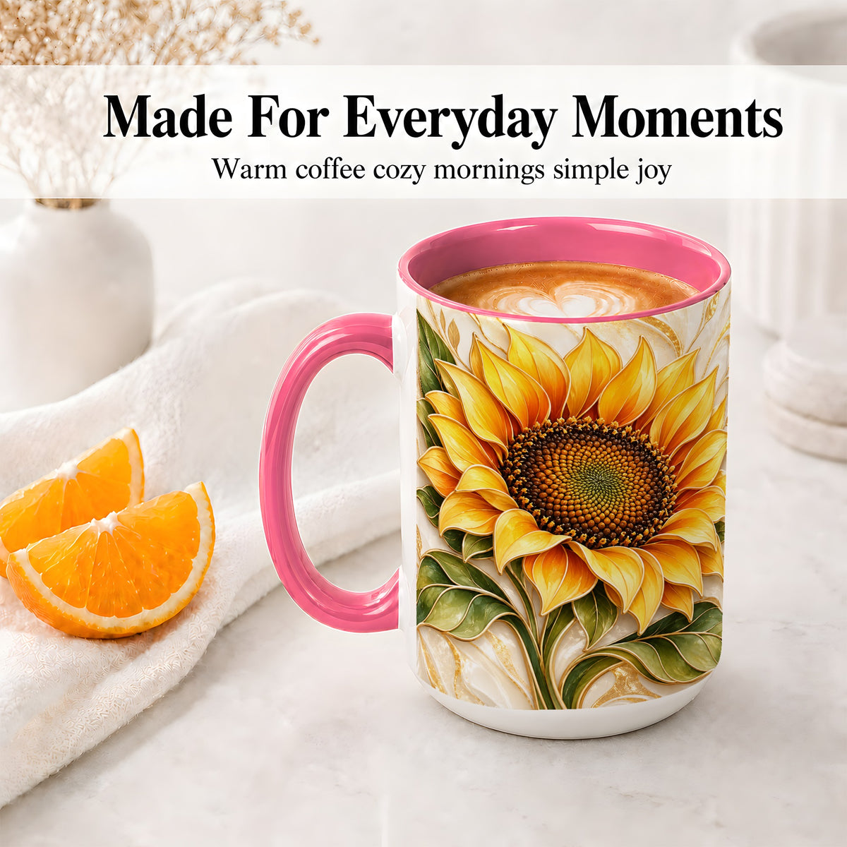 #pl[15oz|Pink] Golden Sunflower Coffee Mug, Ceramic Mug with Botanical Artwork