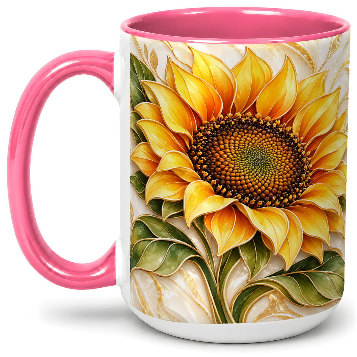 #pl[15oz|Pink] Golden Sunflower Coffee Mug, Ceramic Mug with Botanical Artwork