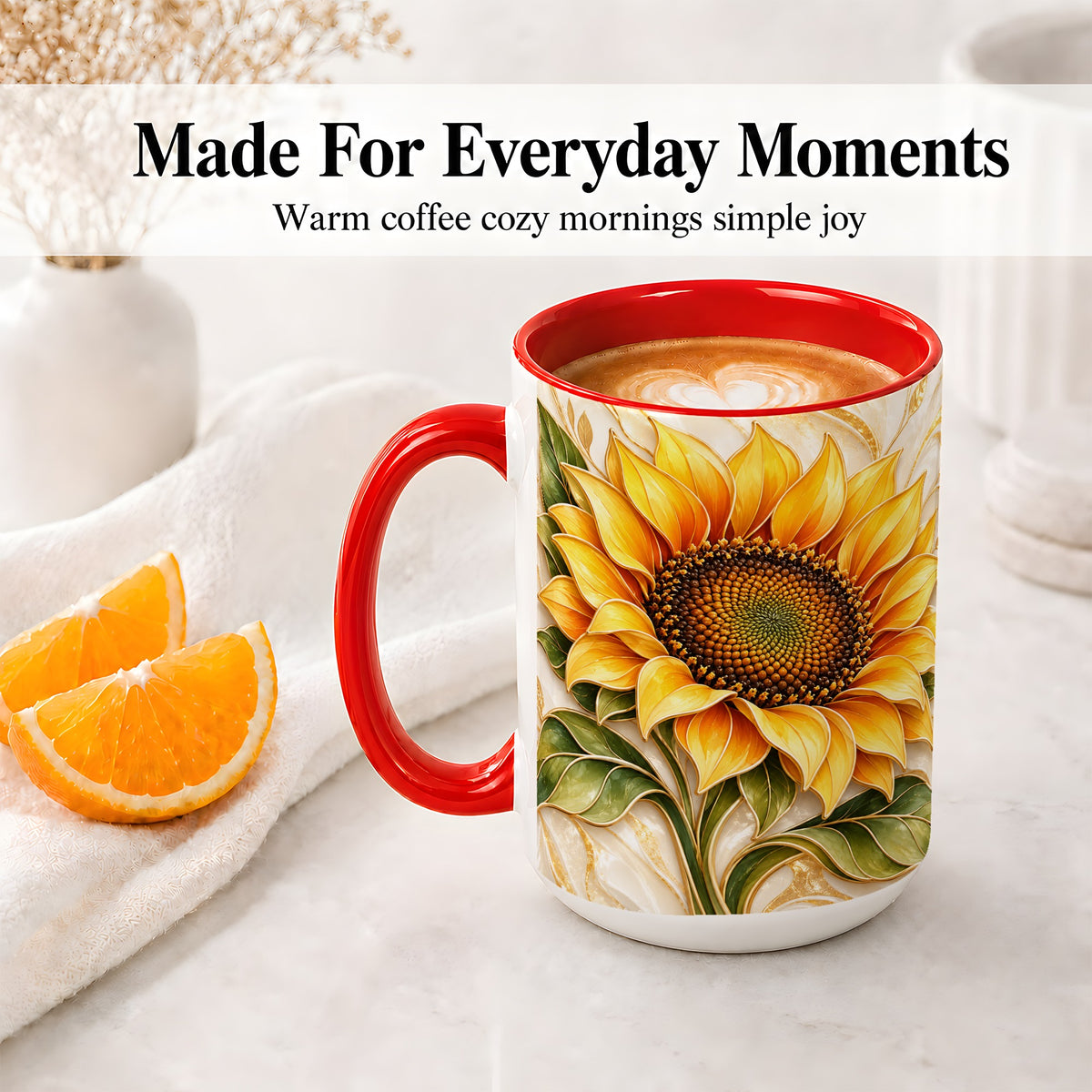 #pl[15oz|Red] Golden Sunflower Coffee Mug, Ceramic Mug with Botanical Artwork
