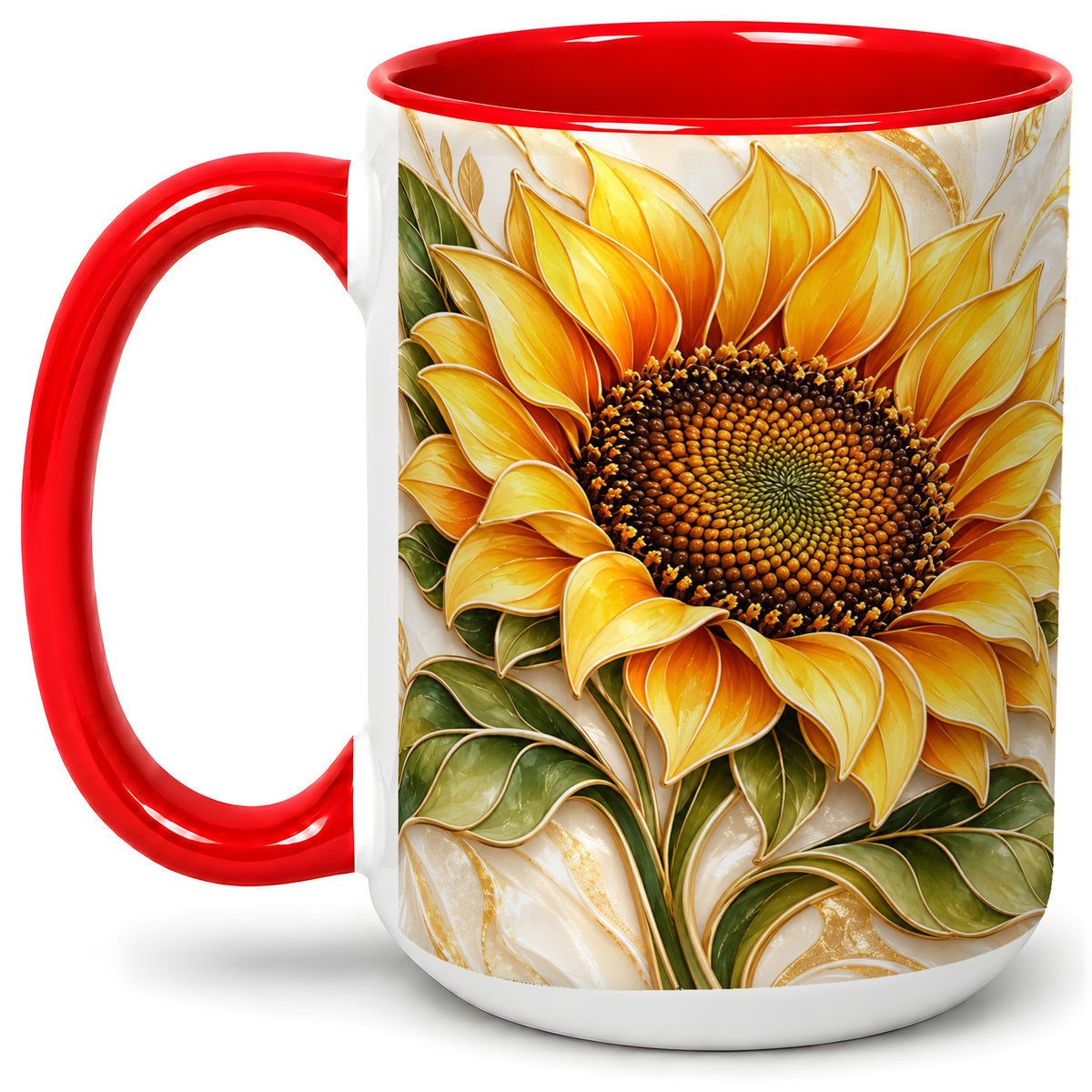 #pl[15oz|Red] Golden Sunflower Coffee Mug, Ceramic Mug with Botanical Artwork