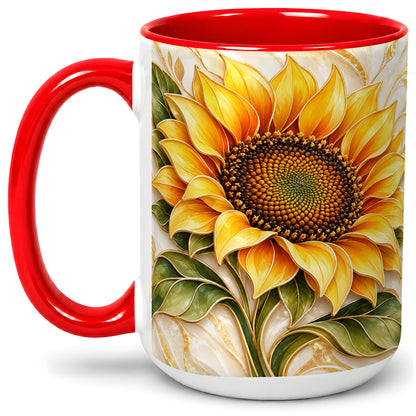 #pl[15oz|Red] Golden Sunflower Coffee Mug, Ceramic Mug with Botanical Artwork