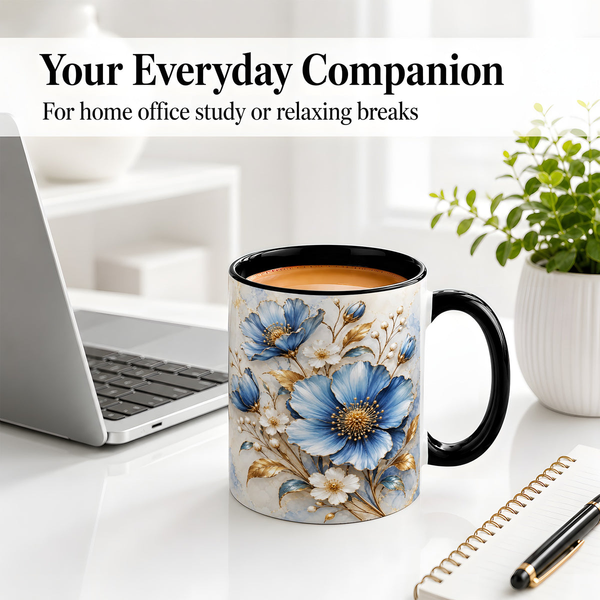 #pl[11oz|Black] Blue Floral Coffee Mug, Ceramic Mug with Gold Botanical Artwork