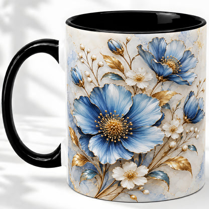 #pl[11oz|Black] Blue Floral Coffee Mug, Ceramic Mug with Gold Botanical Artwork
