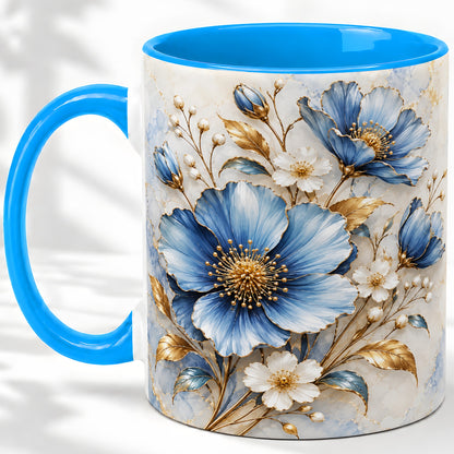 #pl[11oz|Blue] Blue Floral Coffee Mug, Ceramic Mug with Gold Botanical Artwork