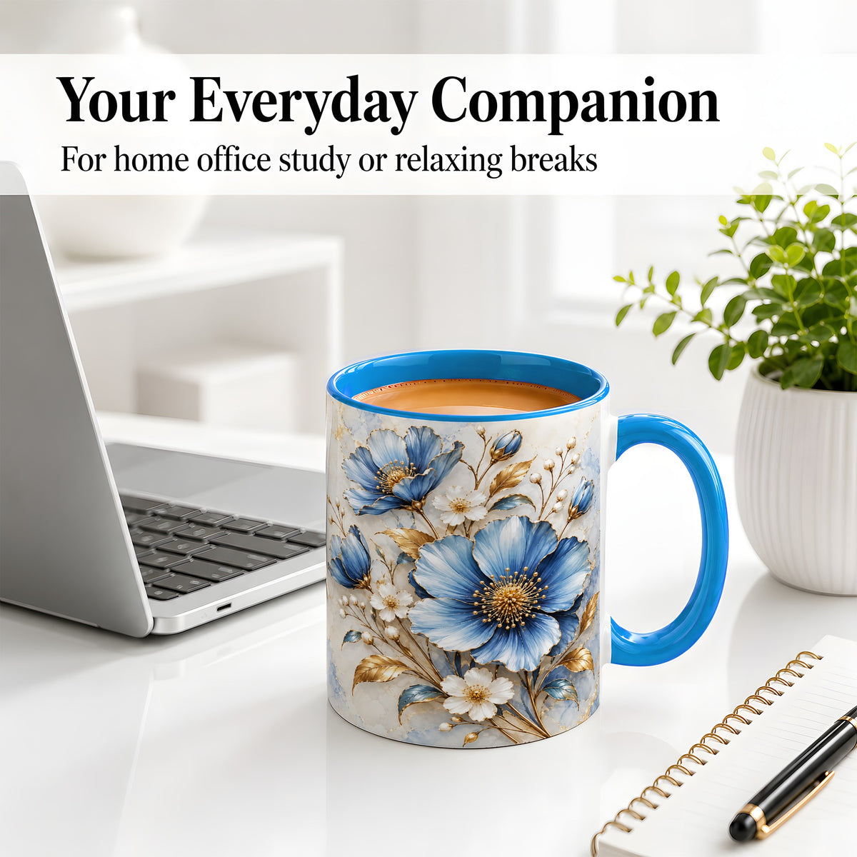 #pl[11oz|Blue] Blue Floral Coffee Mug, Ceramic Mug with Gold Botanical Artwork