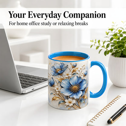 #pl[11oz|Blue] Blue Floral Coffee Mug, Ceramic Mug with Gold Botanical Artwork
