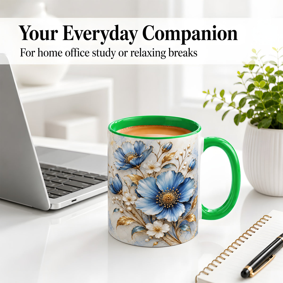#pl[11oz|Green] Blue Floral Coffee Mug, Ceramic Mug with Gold Botanical Artwork