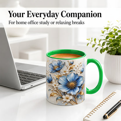 #pl[11oz|Green] Blue Floral Coffee Mug, Ceramic Mug with Gold Botanical Artwork