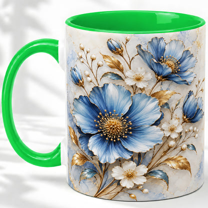 #pl[11oz|Green] Blue Floral Coffee Mug, Ceramic Mug with Gold Botanical Artwork