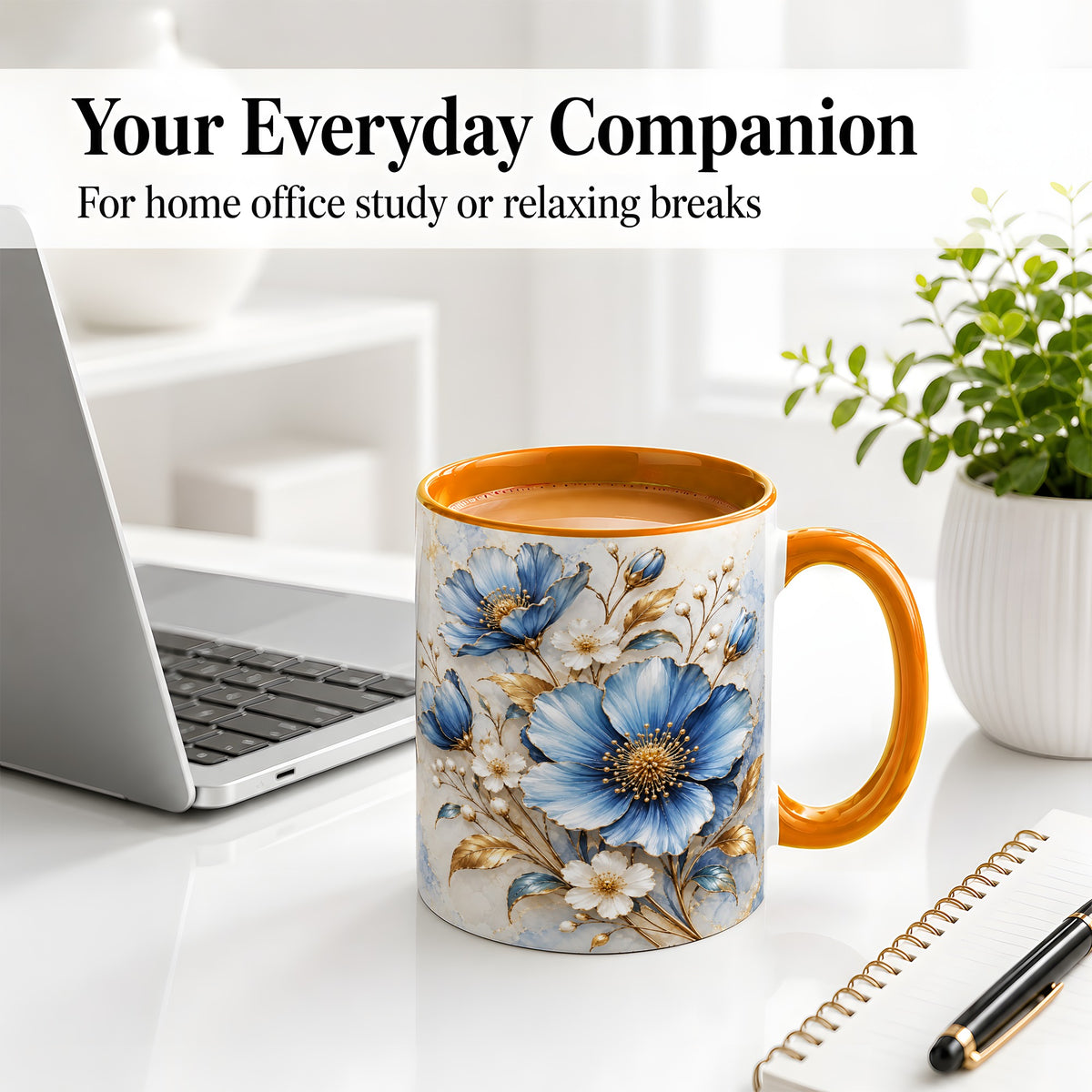 #pl[11oz|Orange] Blue Floral Coffee Mug, Ceramic Mug with Gold Botanical Artwork